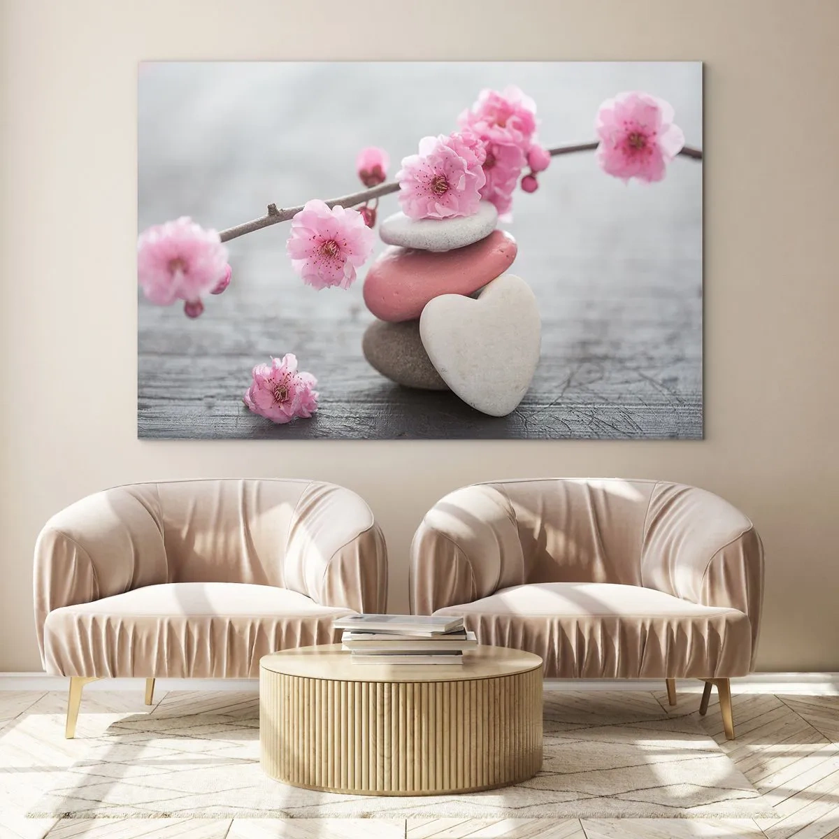 Obraz na skle - Růžové třešňové květy a kameny ve tvaru srdce - 70x50cm - Blaženost s višňovým květem - Moderní nástěnná dekorace do obývacího pokoje a ložnice ARTTOR
