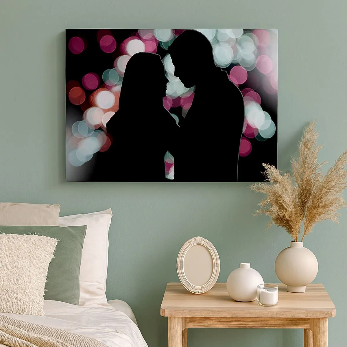Obraz na plátně - Siluety páru na pozadí barevných bokeh světel - 70x50cm - Ano! - Moderní nástěnná dekorace do obývacího pokoje a ložnice ARTTOR