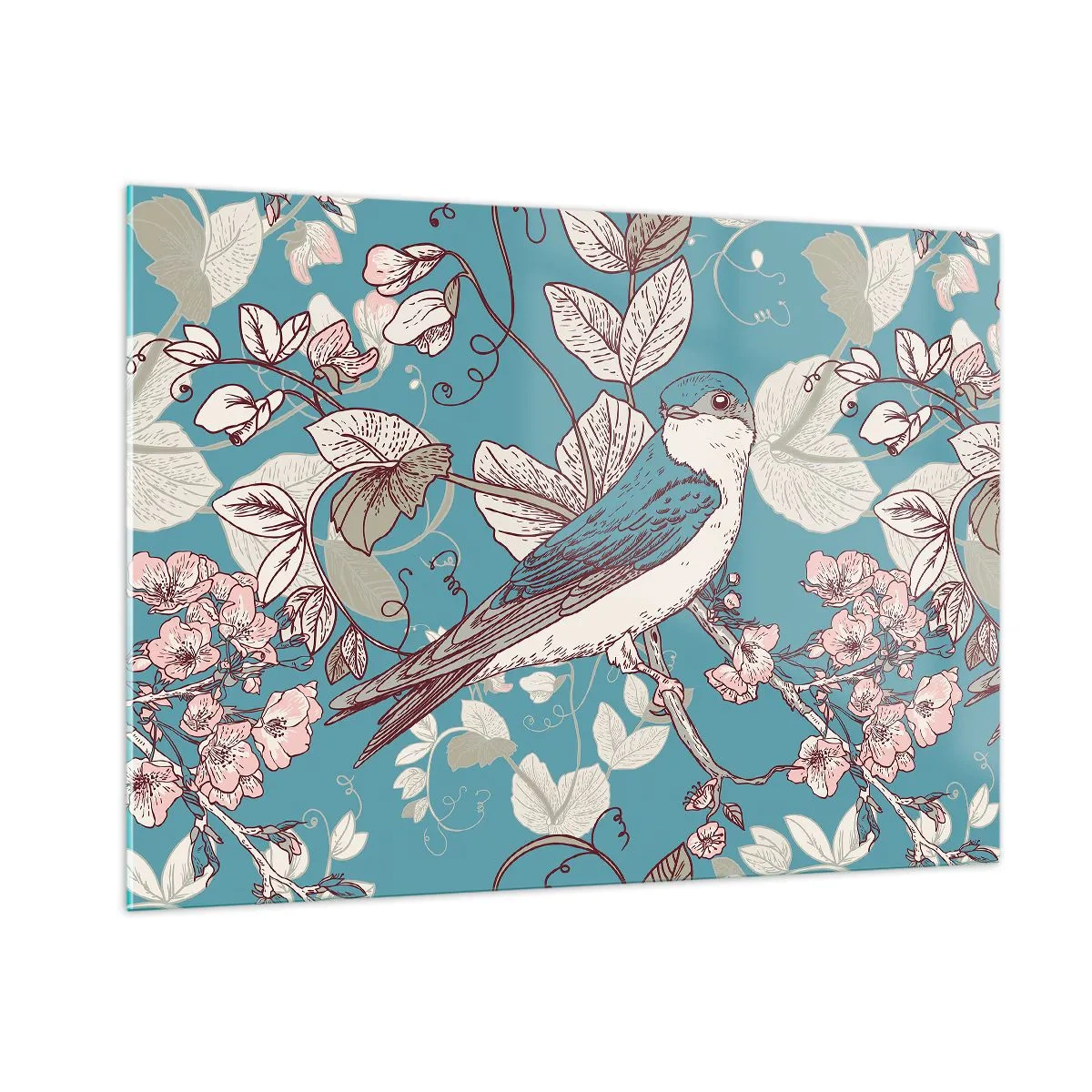 Obraz na skle - Na bílém stromě ptáci a stříbrné listí - 100x70 cm