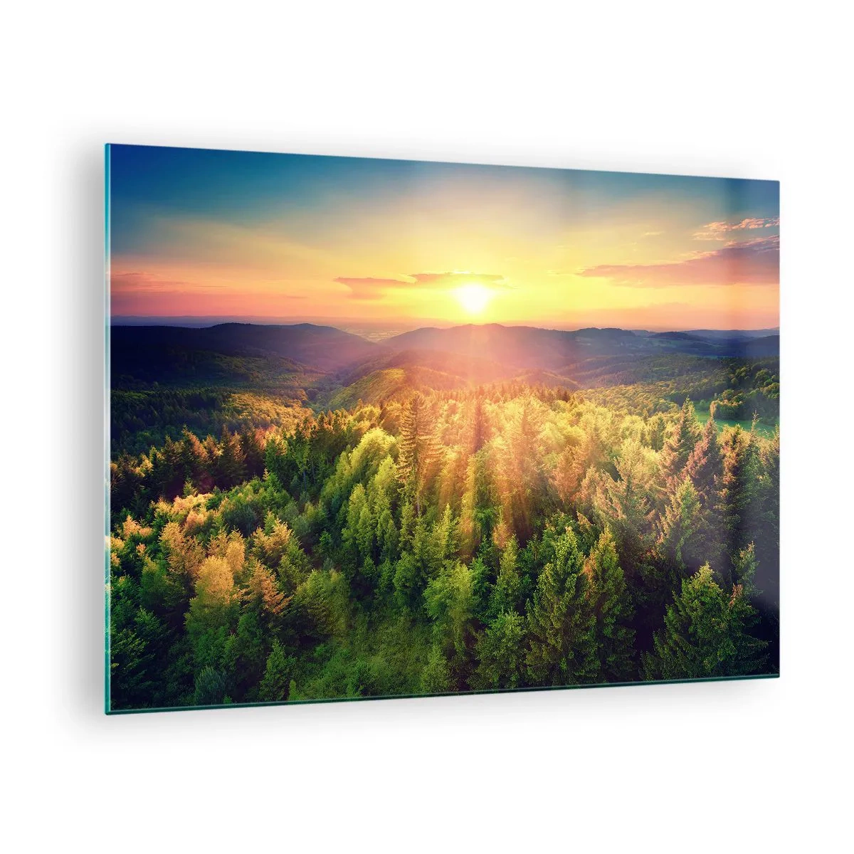 Obraz na skle - Západ slunce nad horským lesem s výhledem do údolí - 70x50cm - Vrcholky a vrcholy - Moderní nástěnná dekorace do obývacího pokoje a ložnice ARTTOR