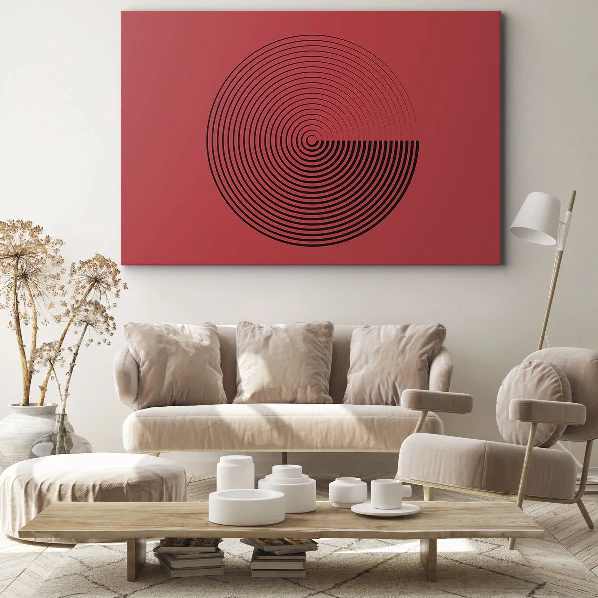 Obraz na plátně - Soustředné kruhy na červeném pozadí - 70x50cm - Kruhový pohyb - Moderní nástěnná dekorace do obývacího pokoje a ložnice ARTTOR