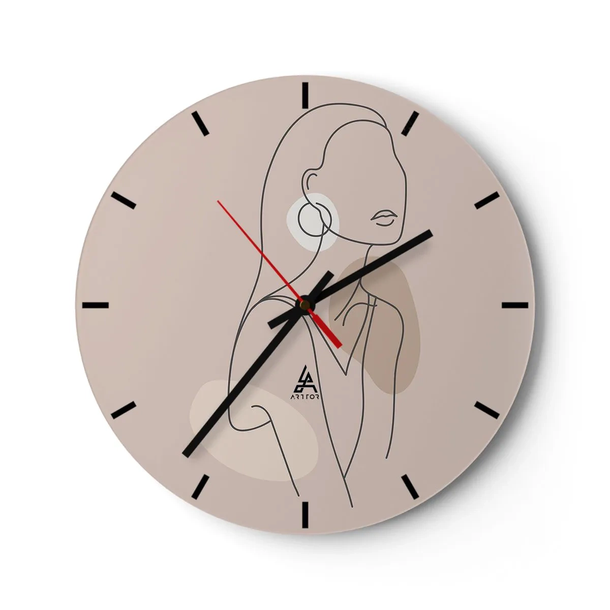 Nástěnné hodiny - Minimalistická linie ženské siluety na béžovém pozadí - 30x30cm - Dívčí ikona - Moderní nástěnná dekorace do obývacího pokoje, kuchyně a ložnice ARTTOR
