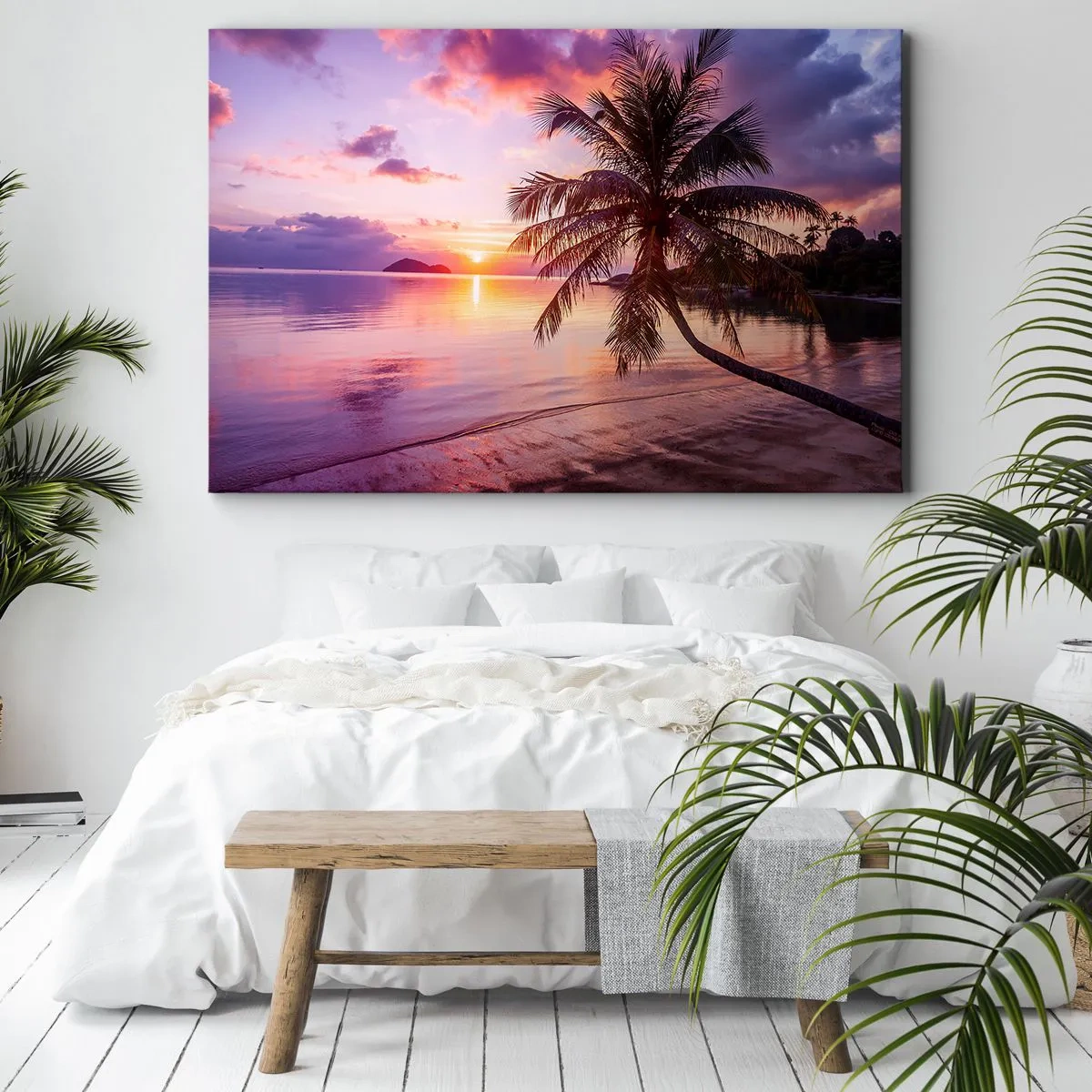 Obraz na plátně - Tropická pláž s palmou při západu slunce - 70x50cm - Blahobyt až po okraj - Moderní nástěnná dekorace do obývacího pokoje a ložnice ARTTOR