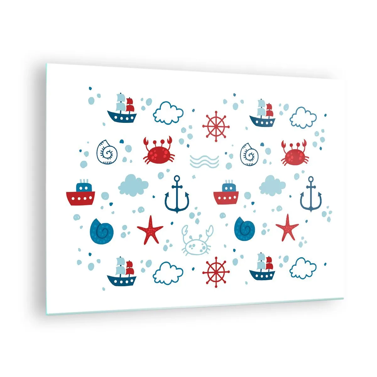 Obraz na skle - Námořní vzory s kraby, kotvami a loděmi - 70x50cm - Mořská pohádka - Moderní nástěnná dekorace do obývacího pokoje a ložnice ARTTOR