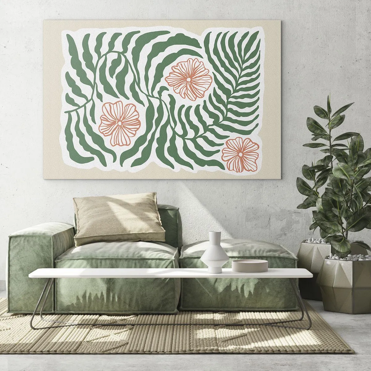 Obraz na skle - Zelené listy a červené květy v grafickém aranžmá - 70x50cm - Rozkvetlé v zeleni - Moderní nástěnná dekorace do obývacího pokoje a ložnice ARTTOR