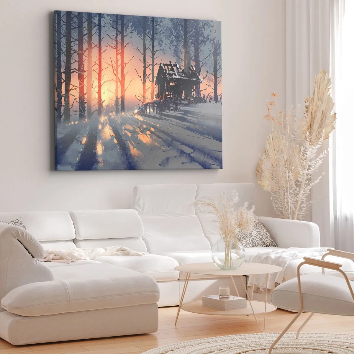 Obraz na plátně - Lesní chata v zimní krajině s paprsky zapadajícího slunce - 70x50cm - Dívá se tu jenom slunce - Moderní nástěnná dekorace do obývacího pokoje a ložnice ARTTOR
