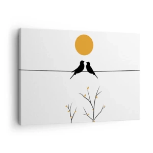 Obraz na plátně - Ptáci na čáře se žlutým sluncem - 70x50cm - Slavíčí večer - Moderní nástěnná dekorace do obývacího pokoje a ložnice ARTTOR