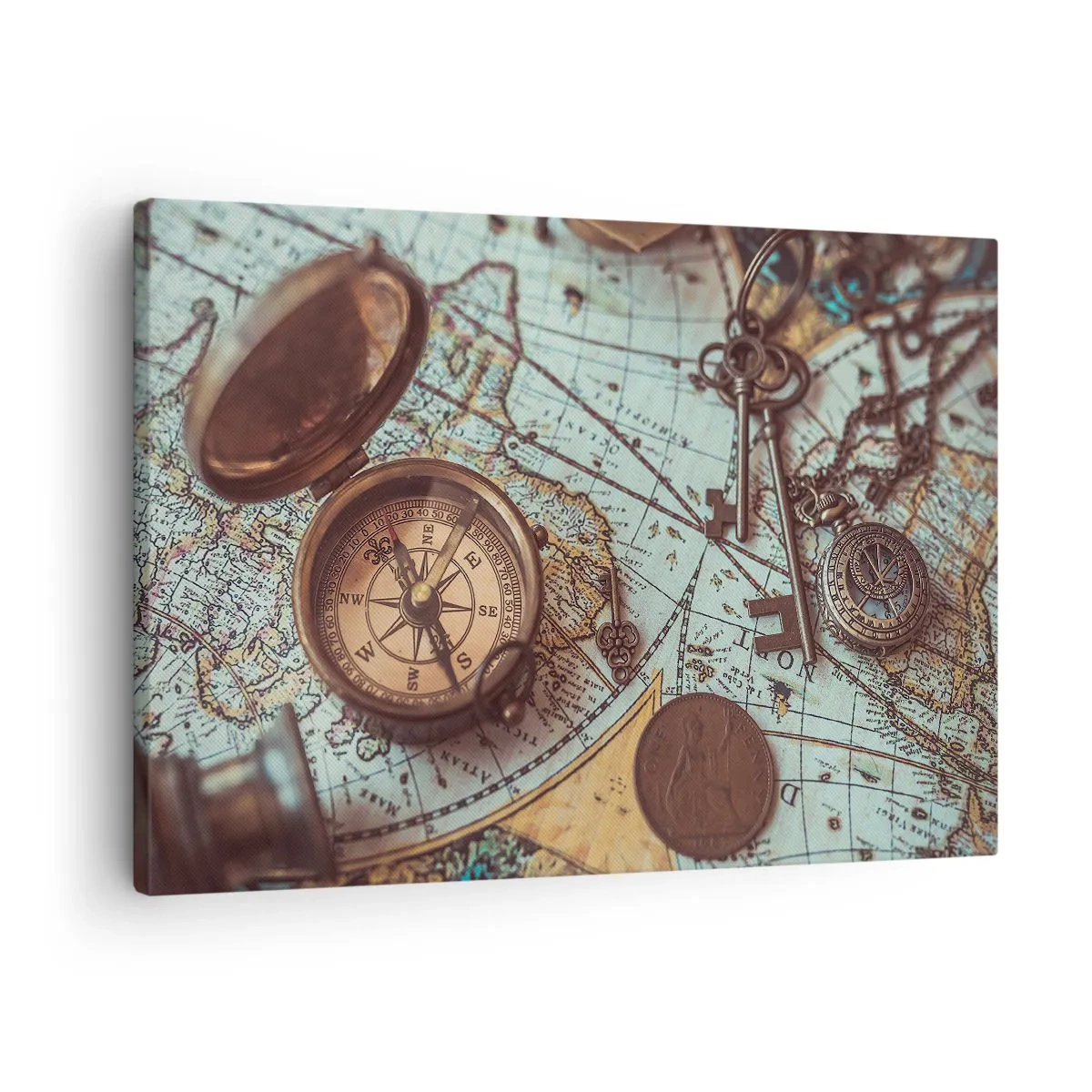 Obraz na plátně - Složení s kompasem, klíči a starou mapou v retro stylu - 70x50cm - Pro dobrodruha - Moderní nástěnná dekorace do obývacího pokoje a ložnice ARTTOR
