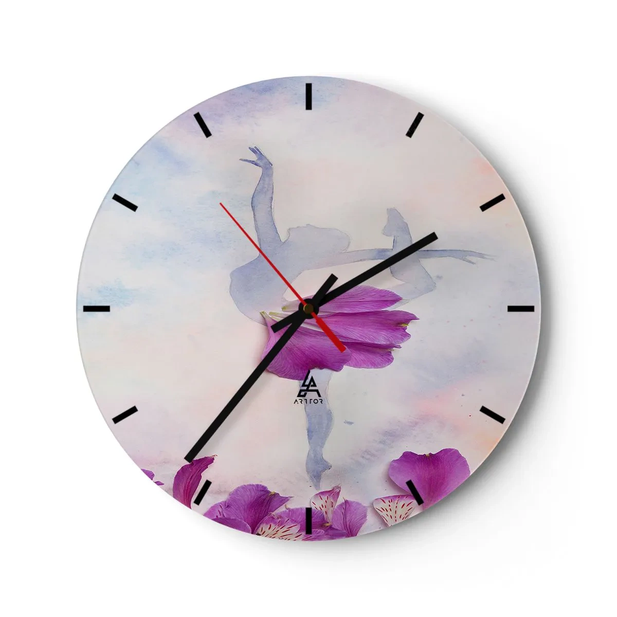 Nástěnné hodiny - Silueta baletky s květinami v pastelových barvách - 30x30cm - Jemná jako květina - Moderní nástěnná dekorace do obývacího pokoje, kuchyně a ložnice ARTTOR