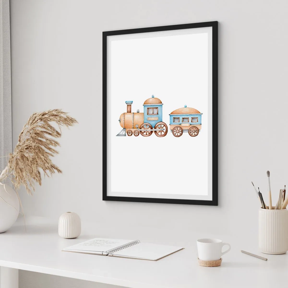 Plakát v černém rámu - Akvarelový vlak v odstínech modré a béžové - 50x70cm - Na dráze stojí… - Moderní nástěnná dekorace do obývacího pokoje a ložnice ARTTOR
