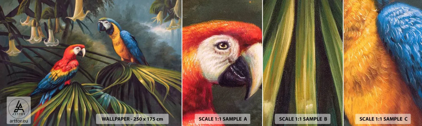 Fototapeta Vzorek Standard Eco - Romantismus v tropech - Papoušek Ara, Zvířata, Tropický les - 100x30 cm