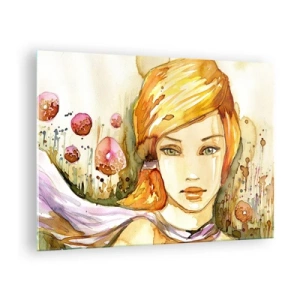 Obraz na skle - Portrét ženy ve stylu akvarelu s abstrakcí - 70x50cm - Smaragdový pohled, který zahání hněv - Moderní nástěnná dekorace do obývacího pokoje a ložnice ARTTOR