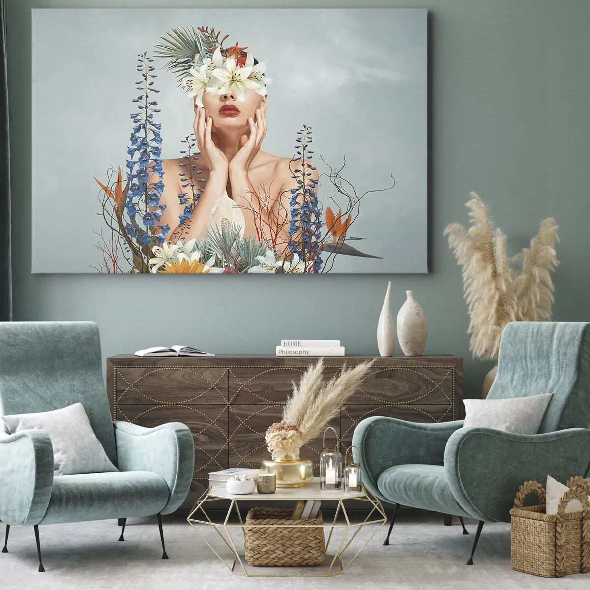 Obraz na plátně - Portrét ženy s květinovým motivem na modrém pozadí - 70x50cm - Žena – květina - Moderní nástěnná dekorace do obývacího pokoje a ložnice ARTTOR