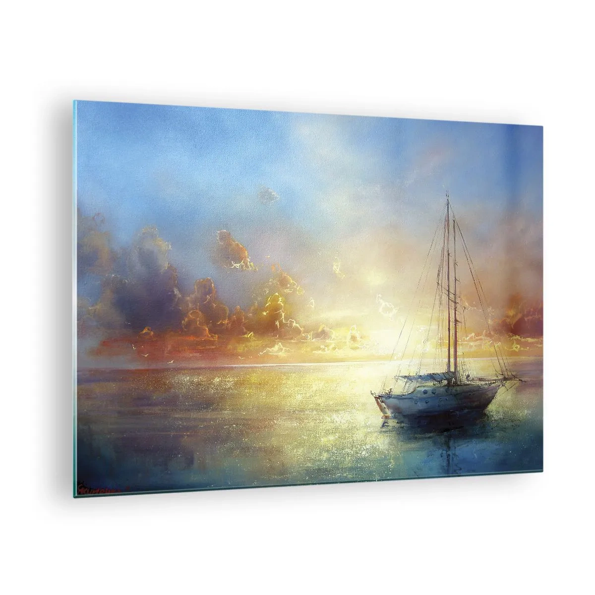 Obraz na skle - Plachetnice na klidném moři při zlatavém západu slunce - 70x50cm - Ve zlatém zálivu - Moderní nástěnná dekorace do obývacího pokoje a ložnice ARTTOR