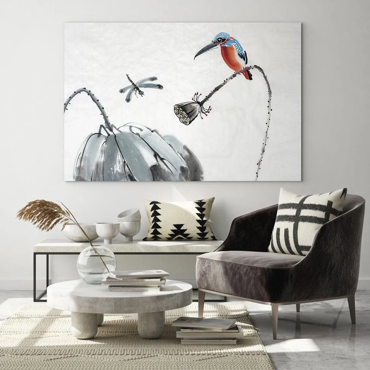 Obraz na skle - Ilustrace barevného ptáka a vážky na pozadí vegetace - 70x50cm - Život louky - Moderní nástěnná dekorace do obývacího pokoje a ložnice ARTTOR