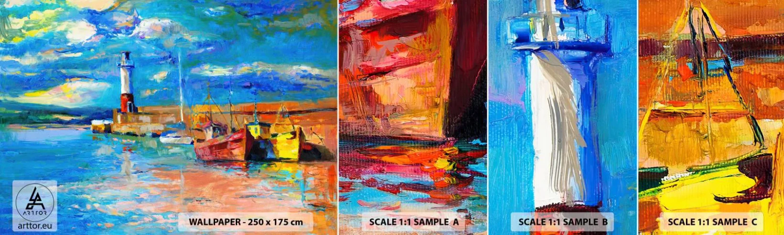 Vzor Fototapety Samolepicí Deluxe Sticker - Odpoledne v duhové zátoce - Rybářský přístav, Rybářská loď, Maják - 100x30 cm