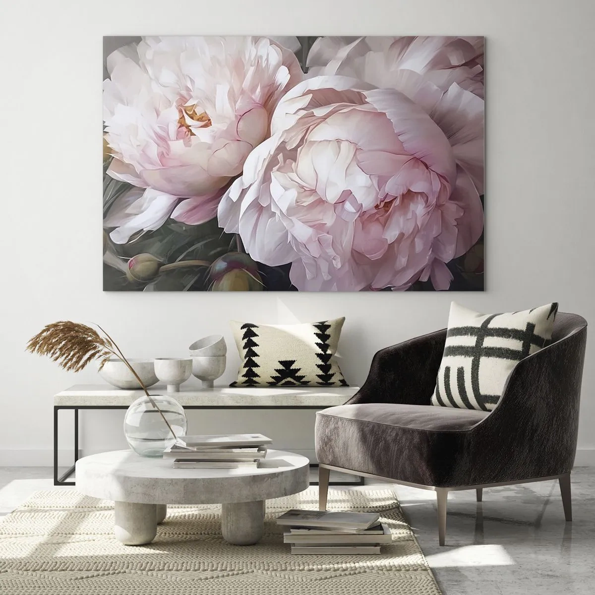 Obraz na skle - Jemné pivoňky ve světle růžovém odstínu zblízka - 70x50cm - Uchytnuté v rozkvětu - Moderní nástěnná dekorace do obývacího pokoje a ložnice ARTTOR