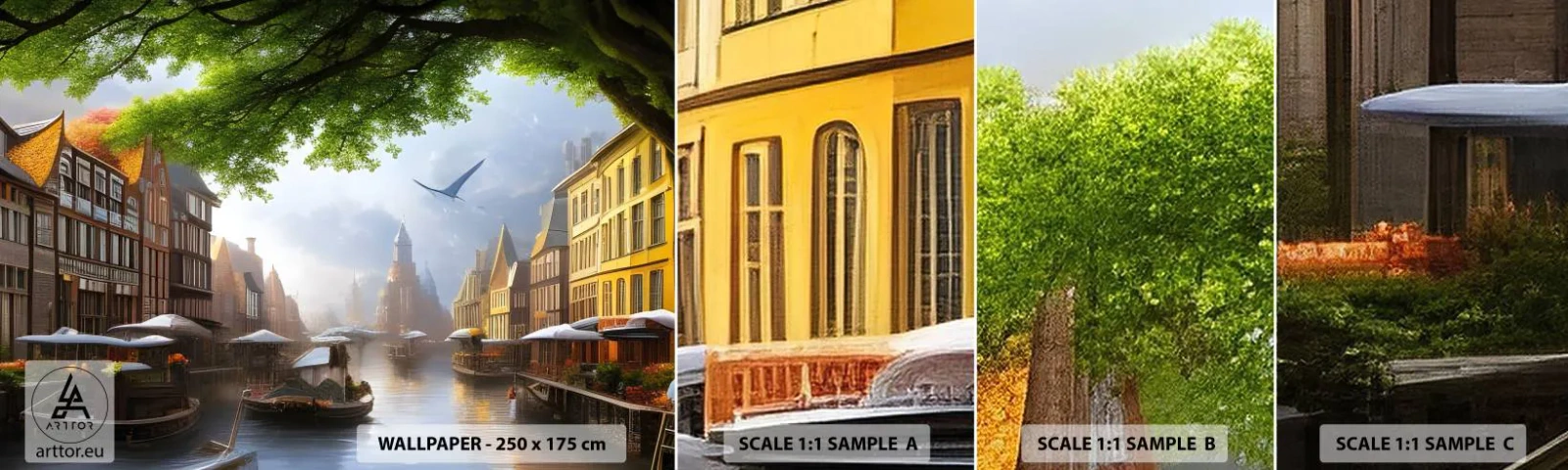 Vzor Fototapety Samolepicí Deluxe Sticker - Nizozemská městská krajinka - Staré Město, Lodě, Kanál - 100x30 cm