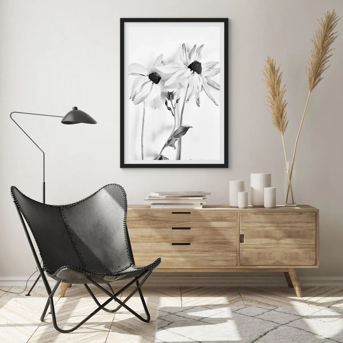 Plakát v černém rámu - Černobílé květiny v minimalistickém stylu na světlém pozadí - 50x70cm - Nikdo nechce být sám - Moderní nástěnná dekorace do obývacího pokoje a ložnice ARTTOR