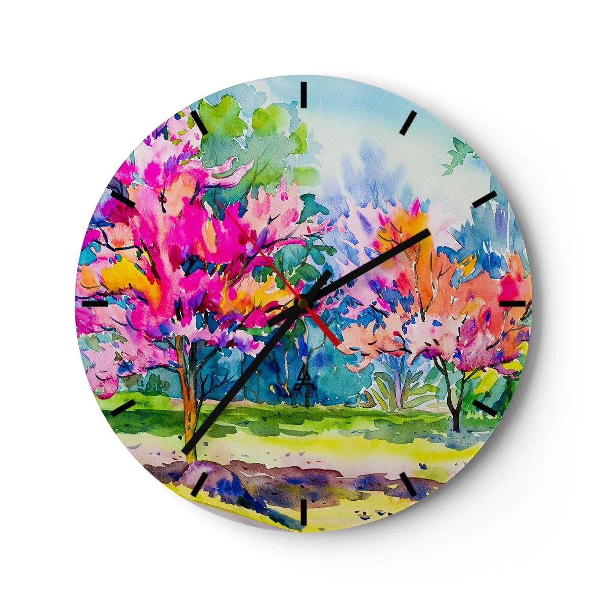 Nástěnné hodiny - Akvarelová krajina s barevnými stromy - 30x30cm - Duhová zahrada v jarním lesku - Moderní nástěnná dekorace do obývacího pokoje, kuchyně a ložnice ARTTOR