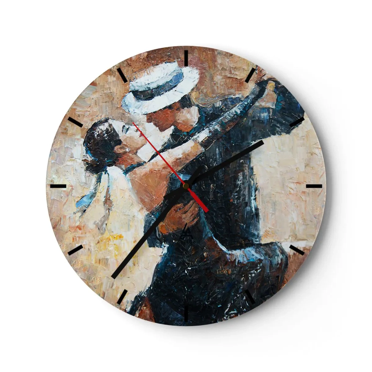 Nástěnné hodiny - Pár tančící v elegantních oblecích, s kloboukem a dynamickou pózou - 30x30cm - A la Rudolf Valentino - Moderní nástěnná dekorace do obývacího pokoje, kuchyně a ložnice ARTTOR