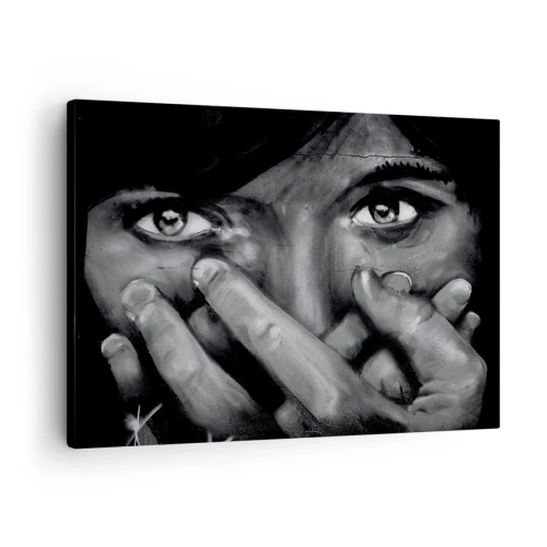 Obraz na plátně - Černobílý portrét ženy, která si zakrývá obličej rukama. - 70x50cm - Neřeknu, kdo to namaloval - Moderní nástěnná dekorace do obývacího pokoje a ložnice ARTTOR
