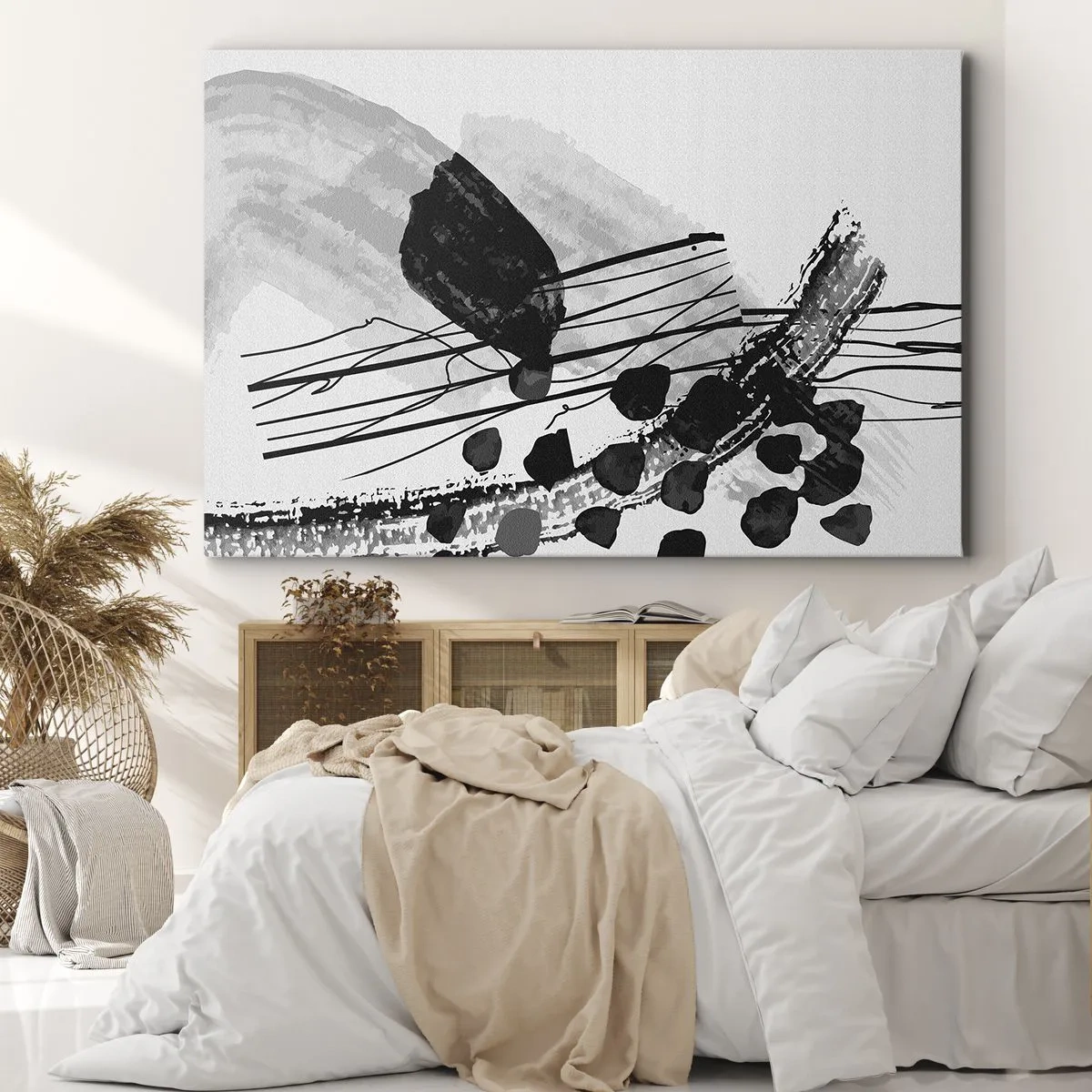 Obraz na plátně - Černobílá abstraktní kompozice s organickými tvary - 70x50cm - Černobílá organická abstrakce - Moderní nástěnná dekorace do obývacího pokoje a ložnice ARTTOR
