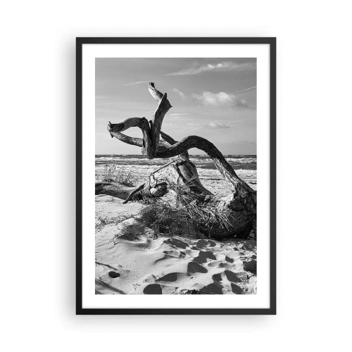 Plakát v černém rámu - Černobílá fotografie suchého stromu na pláži - 50x70cm - Mořská socha - Moderní nástěnná dekorace do obývacího pokoje a ložnice ARTTOR
