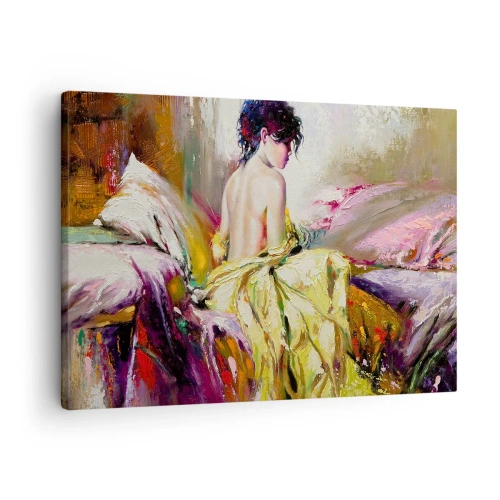 Obraz na plátně - Malířská scéna ženy na posteli v romantické atmosféře - 70x50cm - Mezi ústy a okrajem poháru - Moderní nástěnná dekorace do obývacího pokoje a ložnice ARTTOR