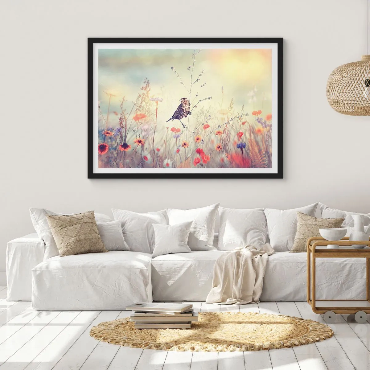 Plakát v černém rámu - Portrét ptáka s loukou v pozadí - 50x40 cm