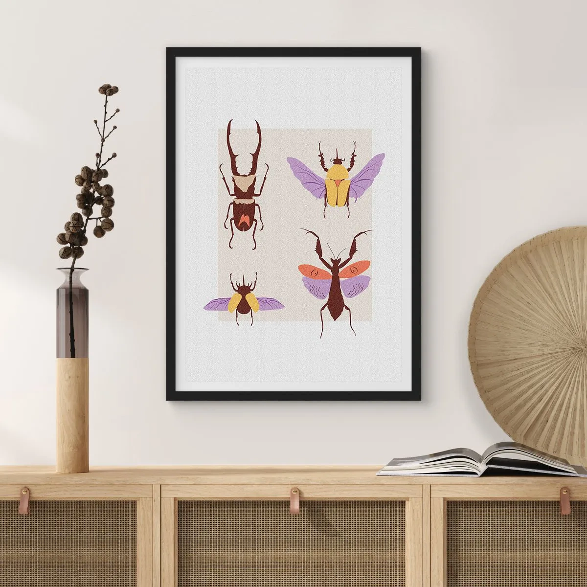 Plakát v černém rámu - Barevní brouci na světlém pozadí - 50x70cm - Hmyzí svět - Moderní nástěnná dekorace do obývacího pokoje a ložnice ARTTOR