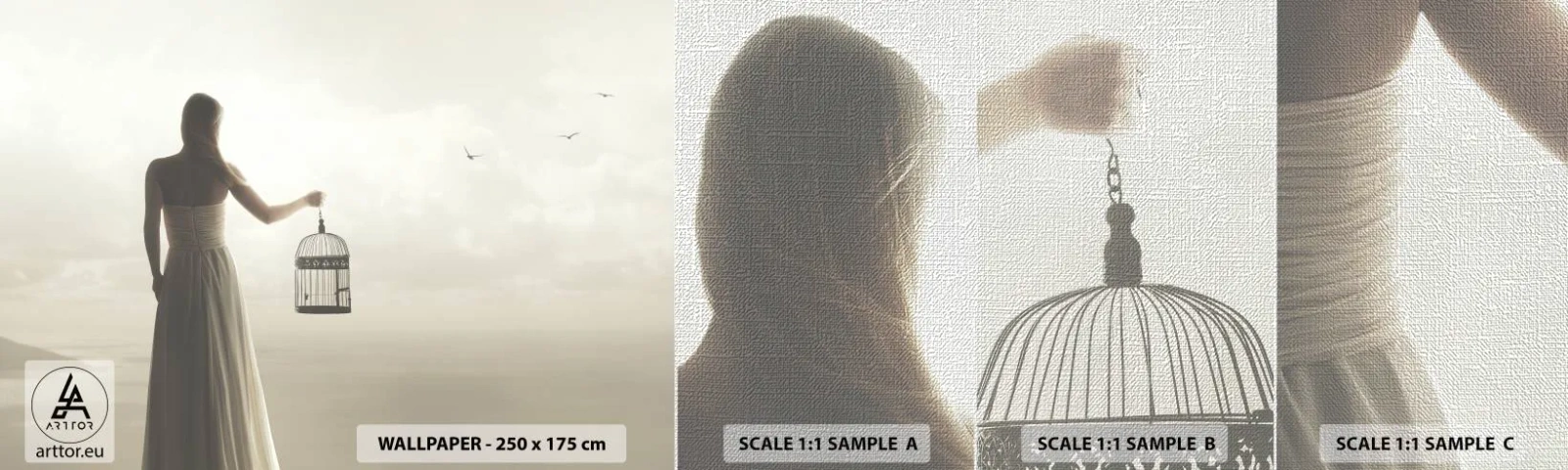 Vzor Fototapety Premium Canvas - Buď svobodná - Žena, Ptačí klec, Pták - 100x30 cm