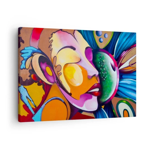 Obraz na plátně - Barevná abstrakce s motivem obličeje v dynamické kompozici - 70x50cm - Dotknout se barvou - Moderní nástěnná dekorace do obývacího pokoje a ložnice ARTTOR