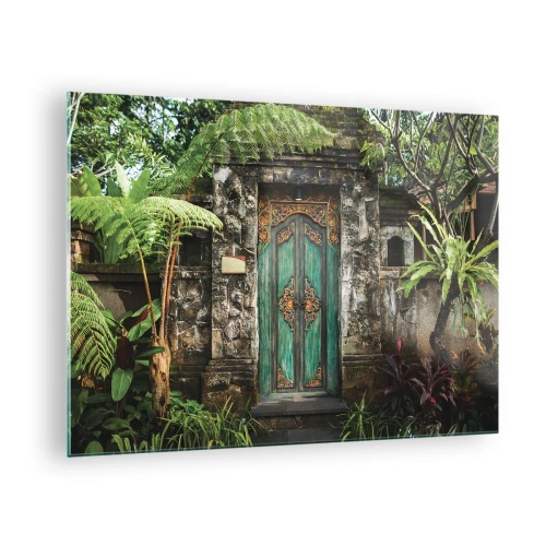 Obraz na skle - Zdobené tyrkysové dveře v kamenné zdi obklopené tropickou vegetací - 70x50cm - Dveře do exotického světa - Moderní nástěnná dekorace do obývacího pokoje a ložnice ARTTOR