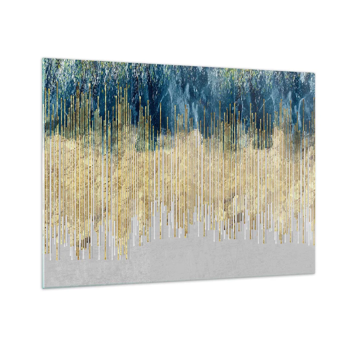 Obraz na skle - Zlaté svislé čáry na tmavě modrém lesním pozadí - 70x50cm - Zlacená hranice - Moderní nástěnná dekorace do obývacího pokoje a ložnice ARTTOR