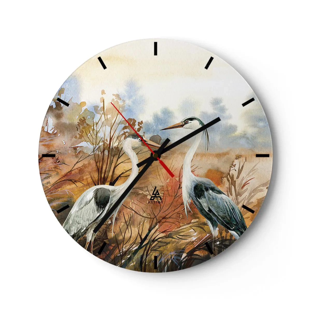 Nástěnné hodiny - Dva jeřábi v podzimní krajině s akvarelem - 30x30cm - Kam na podzim? - Moderní nástěnná dekorace do obývacího pokoje, kuchyně a ložnice ARTTOR