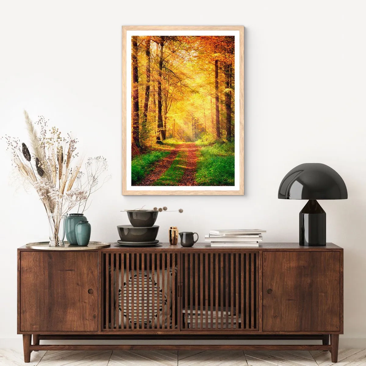 Plakát v rámu světlý dub - Lesně-zlaté ticho - 61x91 cm