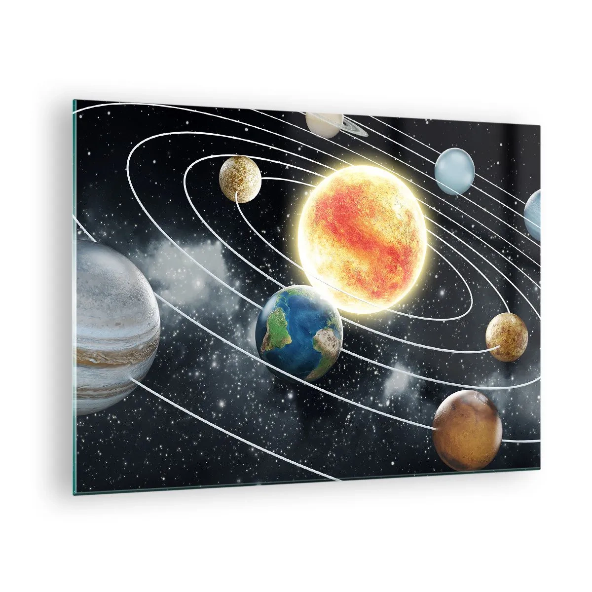 Obraz na skle - Sluneční soustava s planetami a oběžnými dráhami na pozadí vesmíru - 70x50cm - Vesmírný tanec - Moderní nástěnná dekorace do obývacího pokoje a ložnice ARTTOR