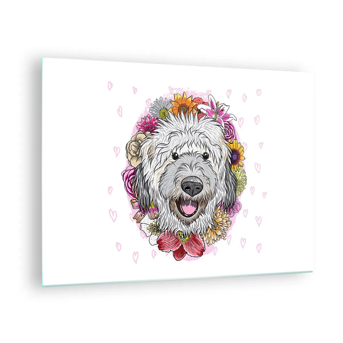 Obraz na skle - Ilustrace psa obklopeného květinami - 70x50cm - Štěněcí radost - Moderní nástěnná dekorace do obývacího pokoje a ložnice ARTTOR