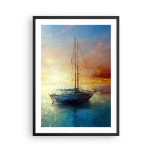 Plakát v černém rámu - Jachta na klidném moři při západu slunce - 50x70cm - Ve zlatém zálivu - Moderní nástěnná dekorace do obývacího pokoje a ložnice ARTTOR