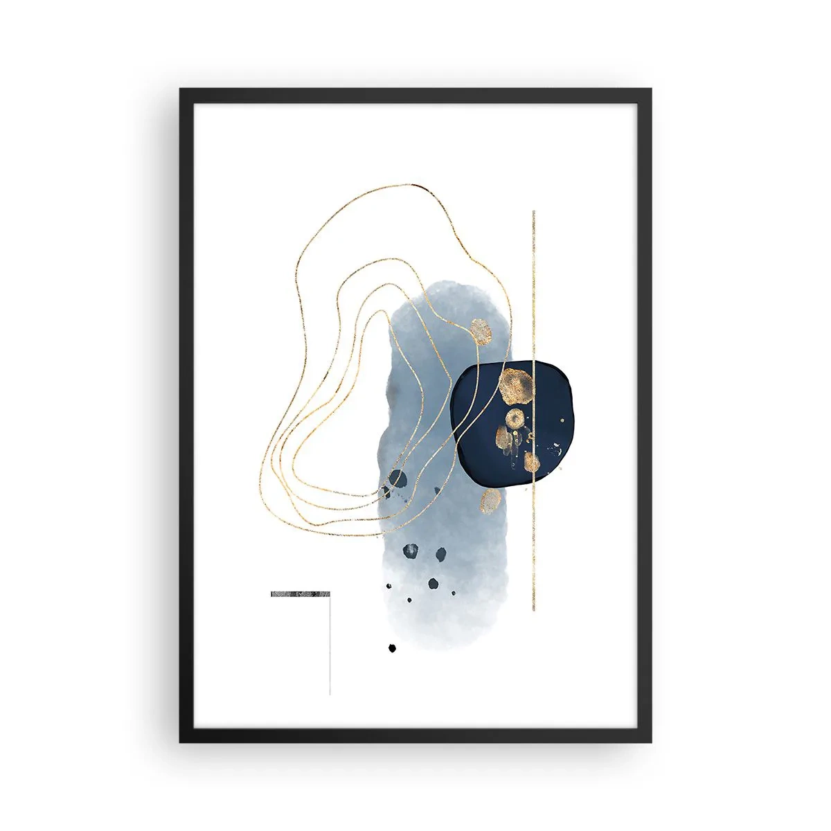 Plakát v černém rámu - Moderní abstraktní kompozice v odstínech modré a zlaté. - 50x70cm - Modro-zlatá fantazie - Moderní nástěnná dekorace do obývacího pokoje a ložnice ARTTOR