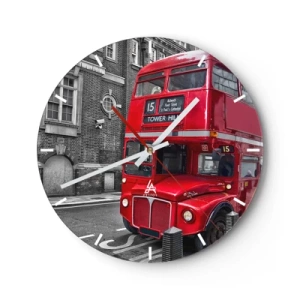 Nástěnné hodiny - Červený londýnský autobus na pozadí historických budov - 30x30cm - Vždy stejný - Moderní nástěnná dekorace do obývacího pokoje, kuchyně a ložnice ARTTOR