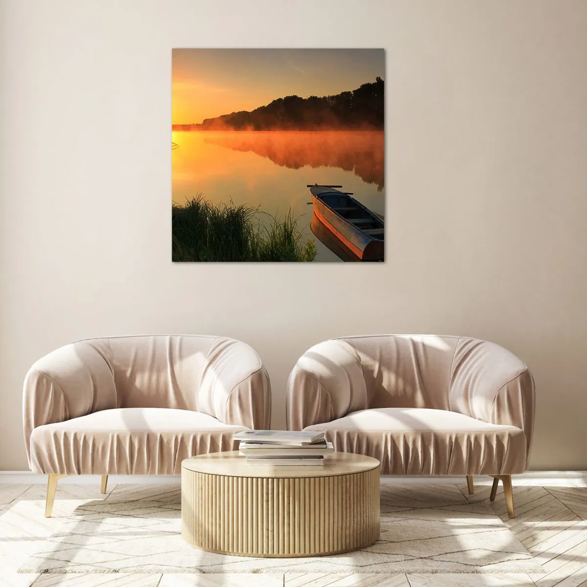 Obraz na skle - Východ slunce u vody jako povrch zrcadla - 40x40 cm