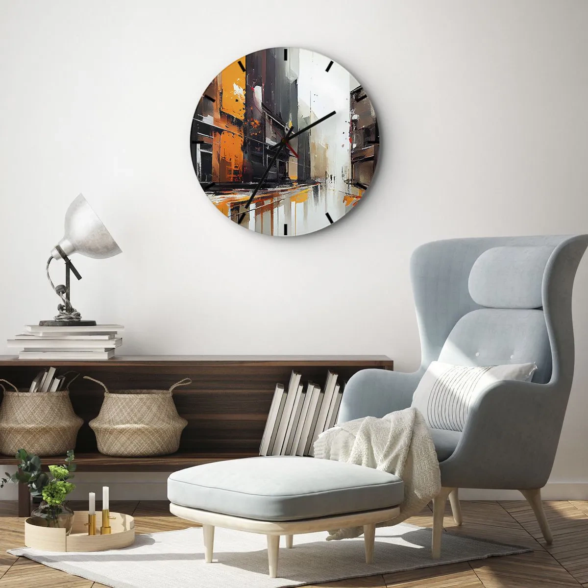 Nástěnné hodiny - Abstraktní městská pouliční scéna s oranžovým světlem a deštěm - 30x30cm - Deštivý den - Moderní nástěnná dekorace do obývacího pokoje, kuchyně a ložnice ARTTOR