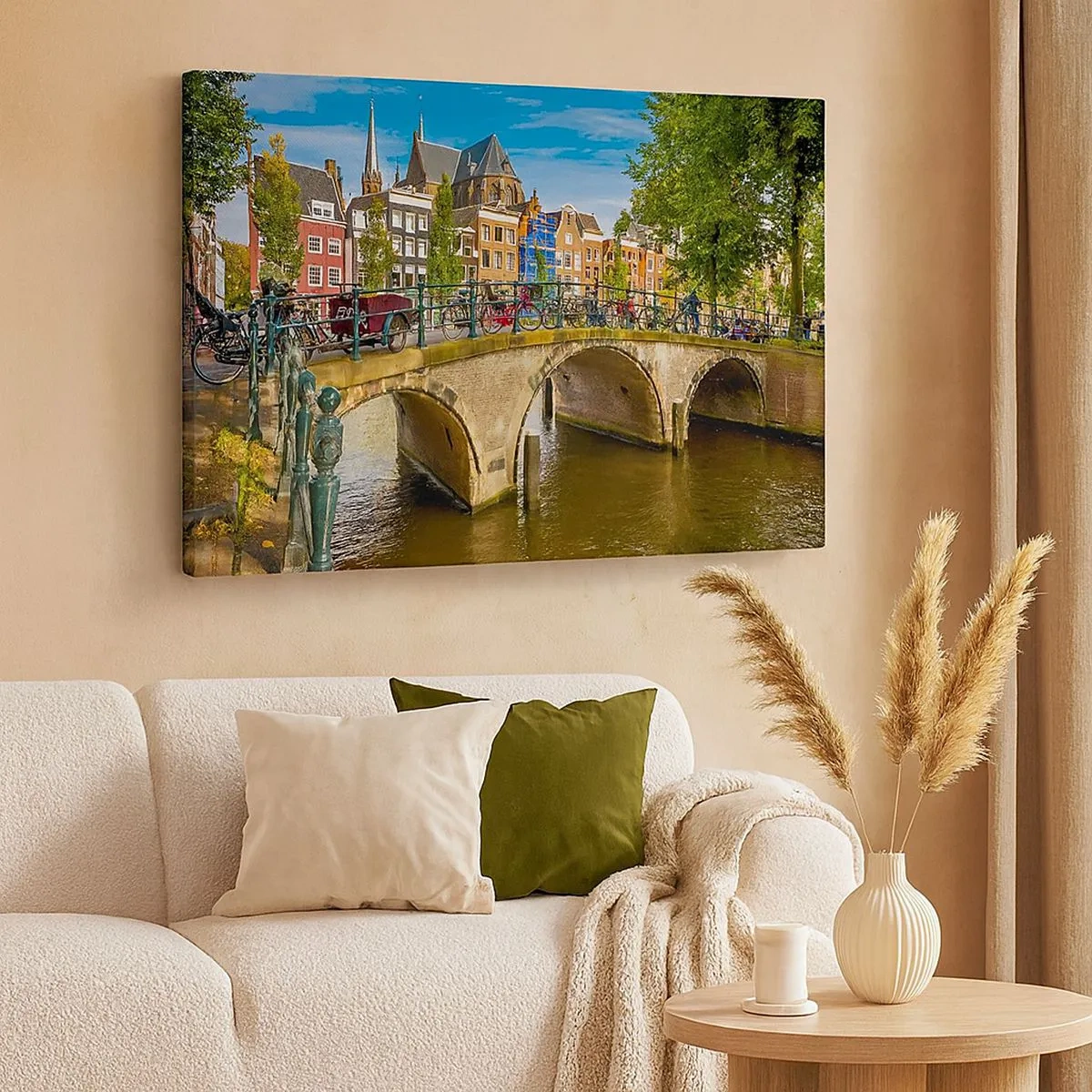 Obraz na plátně - Malebný kanál s mostem v Amsterdamu - 70x50cm - Jaro u kanálu - Moderní nástěnná dekorace do obývacího pokoje a ložnice ARTTOR