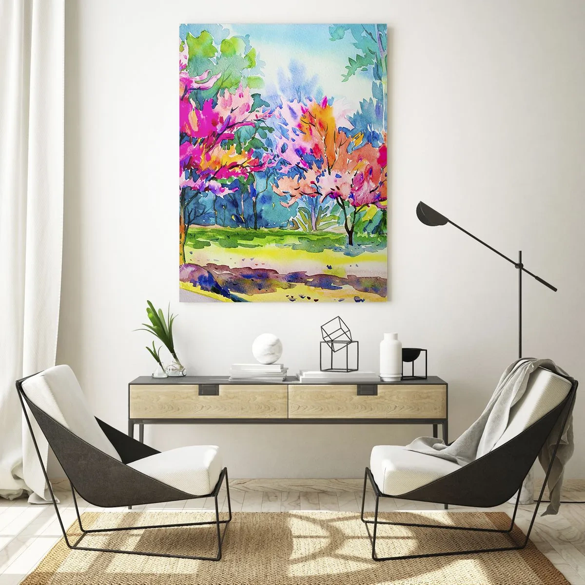 Obraz na skle - Duhová zahrada v jarním lesku - 50x70 cm