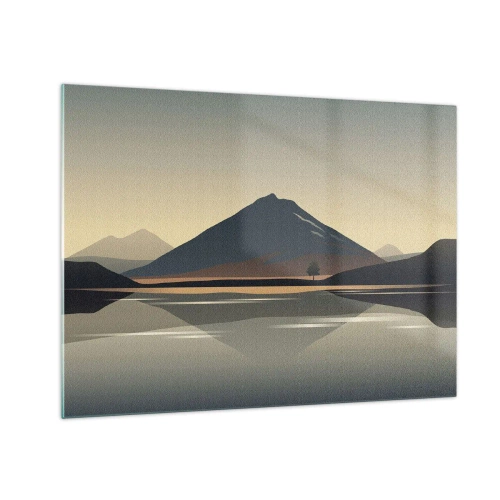 Obraz na skle - Hory a jezero v teplých tónech s reflexním efektem - 70x50cm - Zrcadlový odraz - Moderní nástěnná dekorace do obývacího pokoje a ložnice ARTTOR