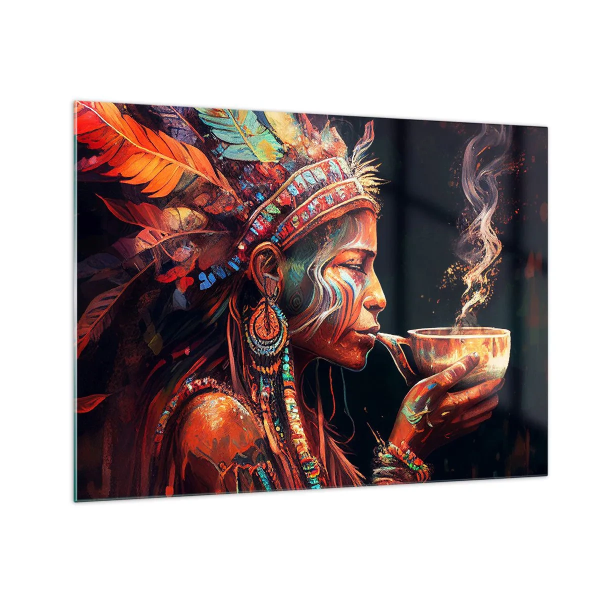 Obraz na skle - Postava v opeřené čelence pije lektvar v mystické atmosféře - 70x50cm - Magický rituál - Moderní nástěnná dekorace do obývacího pokoje a ložnice ARTTOR