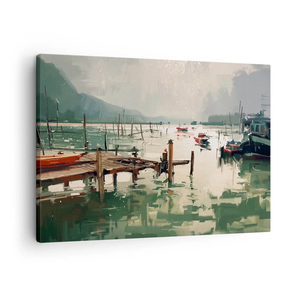 Obraz na plátně - Malebný přístav s loděmi na klidné vodě - 70x50cm - Zalité roztaveným měsícem - Moderní nástěnná dekorace do obývacího pokoje a ložnice ARTTOR