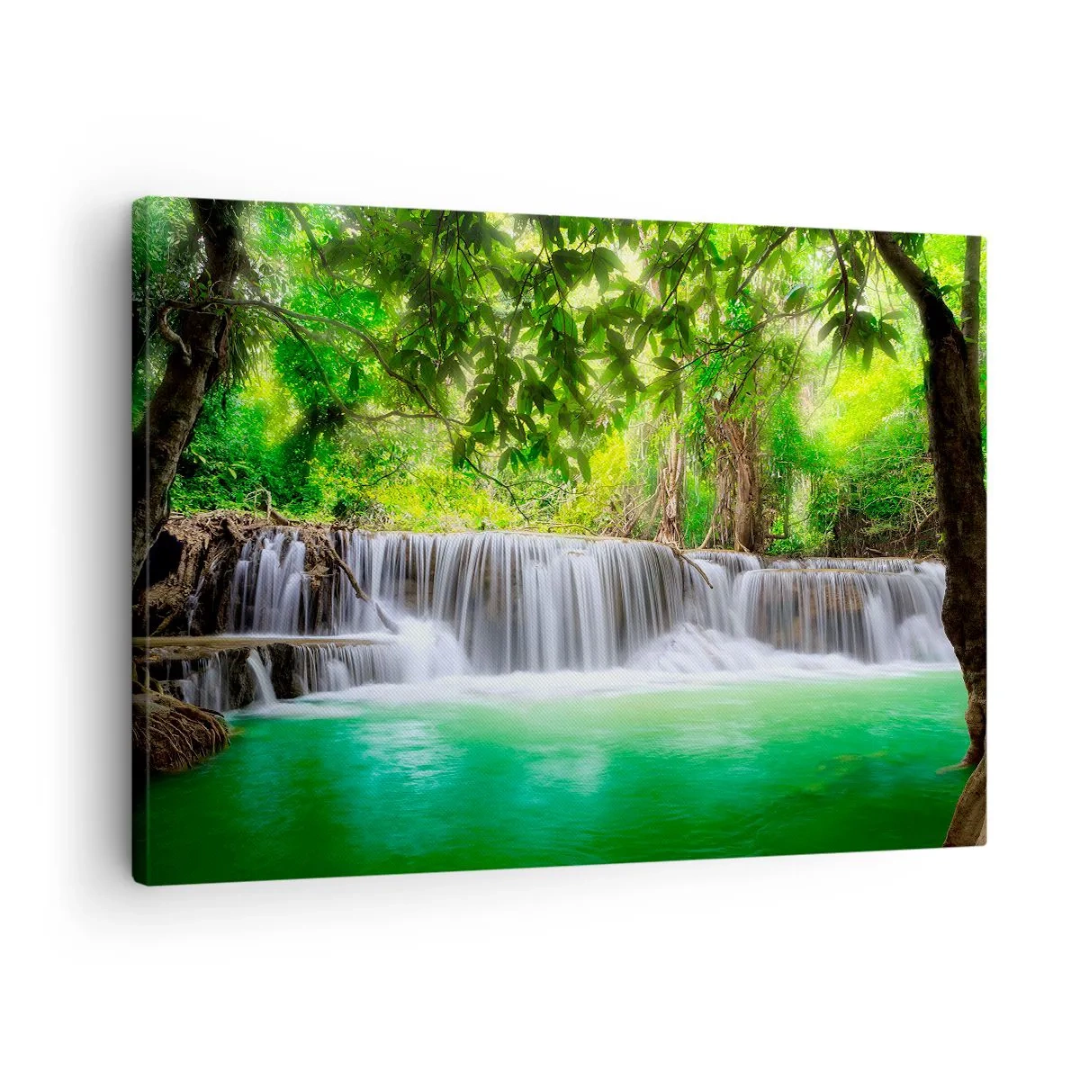 Obraz na plátně - Zelený vodopád obklopený hustou tropickou vegetací - 70x50cm - Vodopád v zeleni - Moderní nástěnná dekorace do obývacího pokoje a ložnice ARTTOR